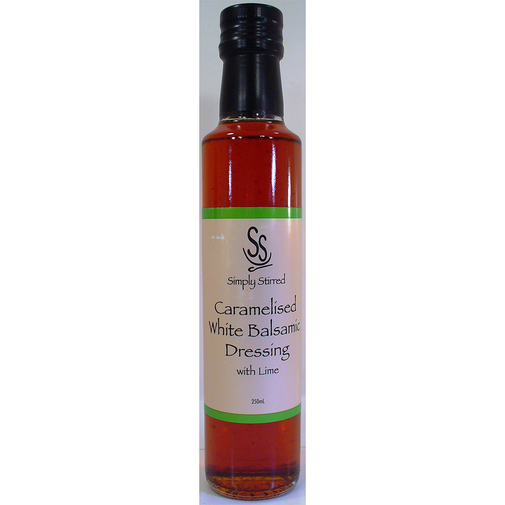 Bottle of Simply Stirred Caramelised White Balsamic Dressing with Lime on a white background