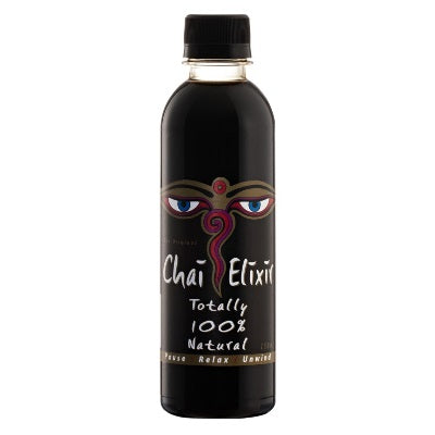 Black bottle of Chai Elixir with a stylized face design on the label against a white background