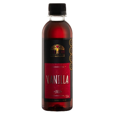 Bottle of vanilla syrup with a black cap on a white background