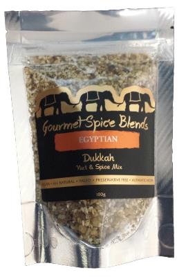 Packaged Egyptian dukkah spice mix with Gourmet Spice Blends branding.