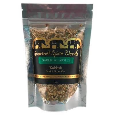 Gourmet Spice Blends dukkah spice mix packaging on a white background