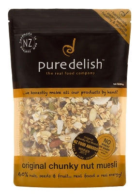 Bag of puredelish original chunky nut muesli with visible branding and product details.