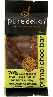 Pure Delish Primal Choc Bar packaging with black and yellow design