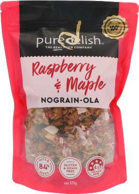 Bag of Pure Delish Raspberry & Maple Nograin-Ola with visible branding and product details.