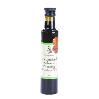 Bottle of Simply Stirred Caramelised Balsamic Dressing on a white background