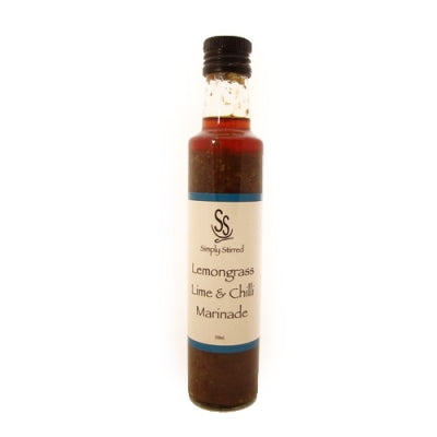 Bottle of Lemongrass Lime & Chili Marinade with a white label on a white background